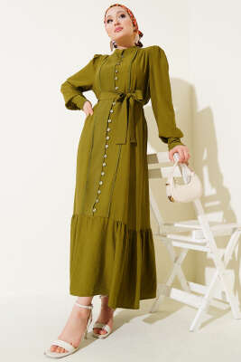 Etek Pileli Kuşaklı Elbise Kına Yeşili 