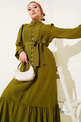Etek Pileli Kuşaklı Elbise Kına Yeşili - Tesettür Elbise