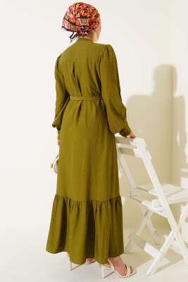 Etek Pileli Kuşaklı Elbise Kına Yeşili - Tesettür Elbise