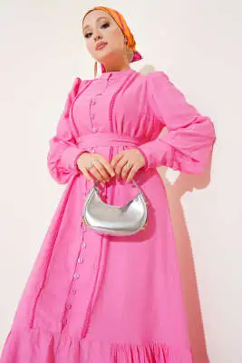 Etek Pileli Kuşaklı Elbise Pembe - Elbise