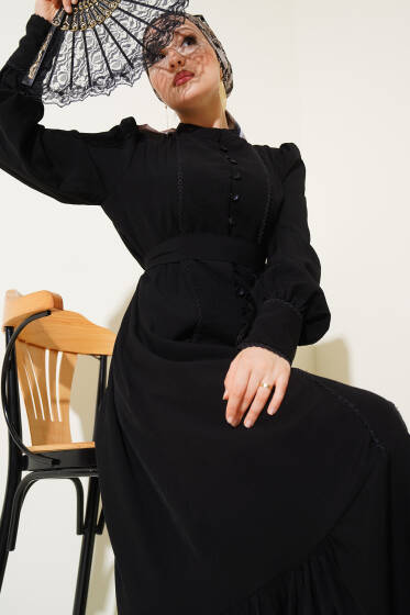 Etek Pileli Kuşaklı Elbise Siyah - Tesettür Elbise