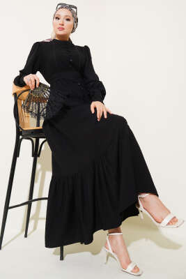 Etek Pileli Kuşaklı Elbise Siyah - Tesettür Elbise