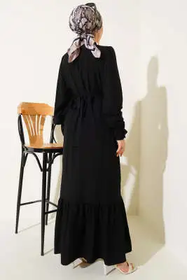 Etek Pileli Kuşaklı Elbise Siyah - Tesettür Elbise
