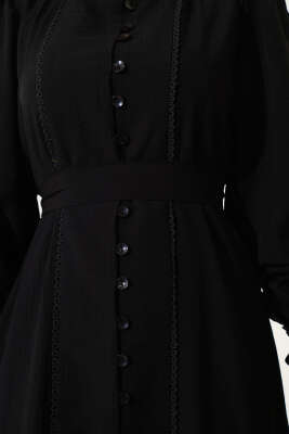 Etek Pileli Kuşaklı Elbise Siyah - Tesettür Elbise