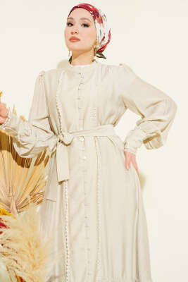 Etek Pileli Kuşaklı Elbise Taş - BERAT TEKSTİL