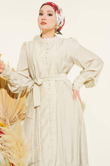 Etek Pileli Kuşaklı Elbise Taş - Elbise