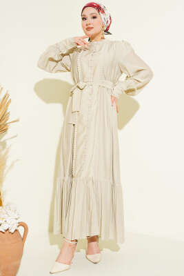 Etek Pileli Kuşaklı Elbise Taş - Elbise