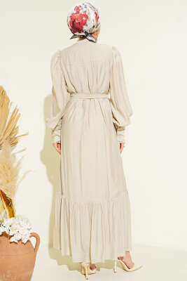 Etek Pileli Kuşaklı Elbise Taş - Elbise