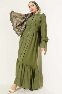 Etek Pileli Kuşaklı Elbise Yeşil 