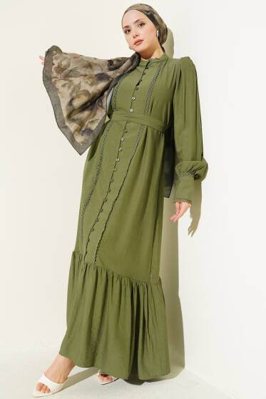 Etek Pileli Kuşaklı Elbise Yeşil - Elbise