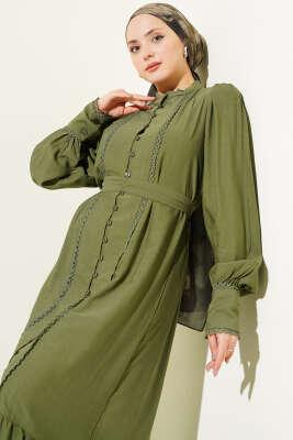 Etek Pileli Kuşaklı Elbise Yeşil - Elbise