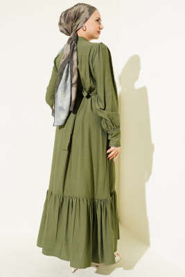 Etek Pileli Kuşaklı Elbise Yeşil - Elbise
