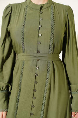 Etek Pileli Kuşaklı Elbise Yeşil - Elbise