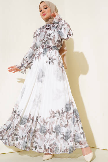 Etek Piliseli Şifon Elbise Ekru - Tesettür Elbise