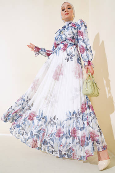 Etek Piliseli Şifon Elbise İndigo - Tesettür Elbise