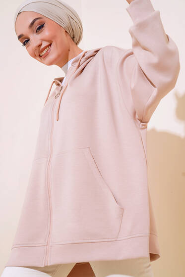 Etek Ucu Armalı Kapüşonlu Hırka Bej - Hırka