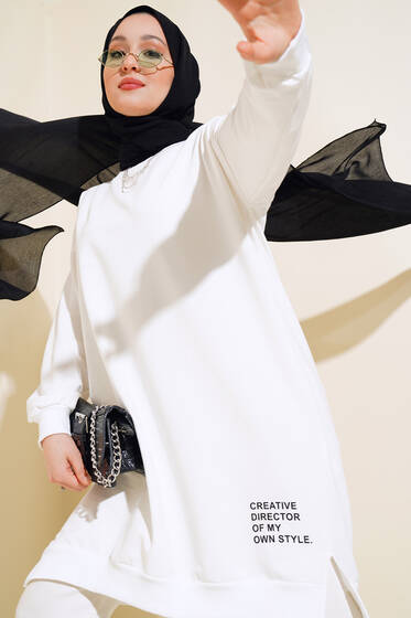 Etek Ucu Baskılı Tunik Ekru - Tunik