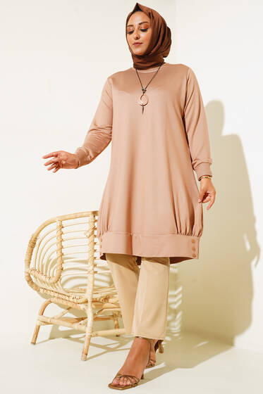 Etek Ucu Büzgülü Büyük Beden Tunik Camel - Tunik