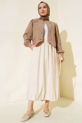 Etek Ucu Büzgülü Etek Bej - Uzun Etek