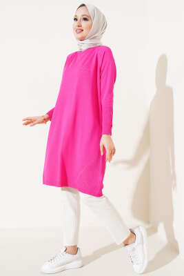 Etek Ucu Dantel Detaylı Triko Tunik Fuşya - Triko Tunik