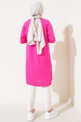 Etek Ucu Dantel Detaylı Triko Tunik Fuşya - Triko Tunik