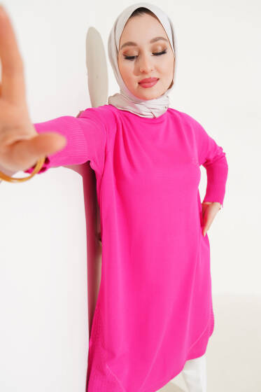 Etek Ucu Dantel Detaylı Triko Tunik Fuşya - Tunik