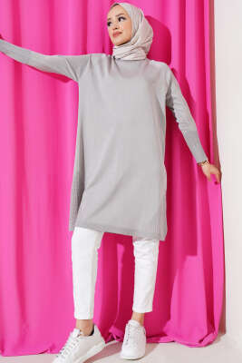 Etek Ucu Dantel Detaylı Triko Tunik Gri - Triko Tunik