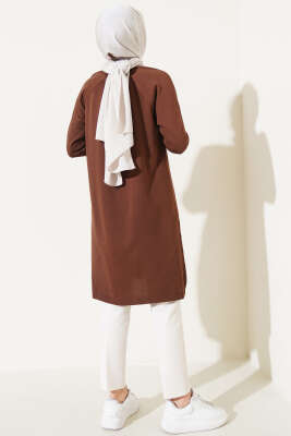 Etek Ucu Dantel Detaylı Triko Tunik Kahve - Triko Tunik