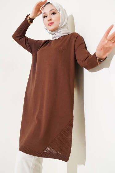 Etek Ucu Dantel Detaylı Triko Tunik Kahve - Tunik