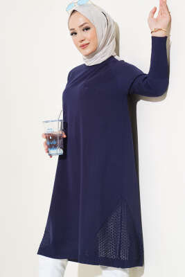 Etek Ucu Dantel Detaylı Triko Tunik Lacivert 