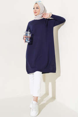 Etek Ucu Dantel Detaylı Triko Tunik Lacivert - Triko Tunik