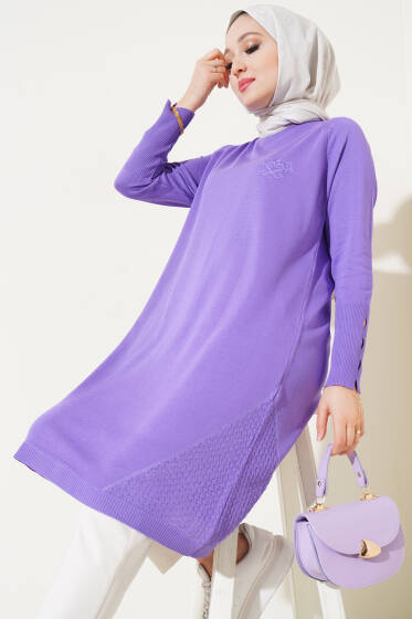Etek Ucu Dantel Detaylı Triko Tunik Lila - Tunik