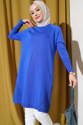 Etek Ucu Dantel Detaylı Triko Tunik Saks 