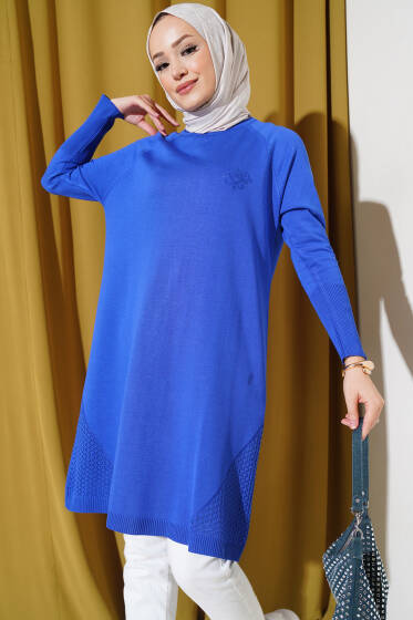 Etek Ucu Dantel Detaylı Triko Tunik Saks - Tunik