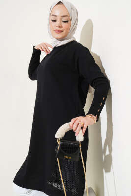 Etek Ucu Dantel Detaylı Triko Tunik Siyah 