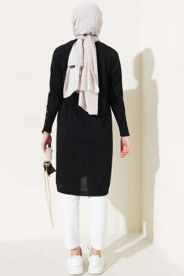 Etek Ucu Dantel Detaylı Triko Tunik Siyah - Triko Tunik