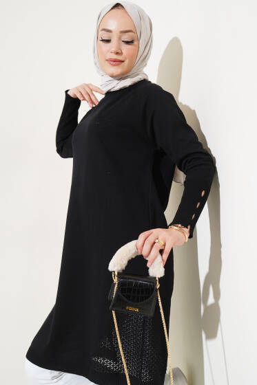 Etek Ucu Dantel Detaylı Triko Tunik Siyah - Tunik