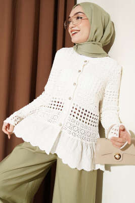 Etek Ucu Dantelli Ajurlu Kısa Hırka Krem - VANİZA TRİKO