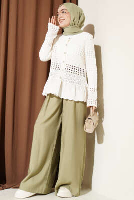 Etek Ucu Dantelli Ajurlu Kısa Hırka Krem - Hırka