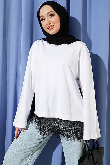 Etek Ucu Dantelli Basic Tunik Beyaz - Tunik