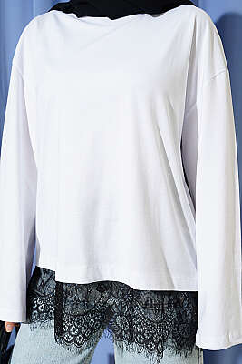 Etek Ucu Dantelli Basic Tunik Beyaz - Tunik