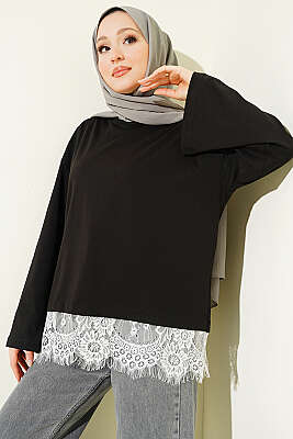 Etek Ucu Dantelli Basic Tunik Siyah - SAS