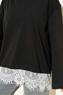 Etek Ucu Dantelli Basic Tunik Siyah - Tunik