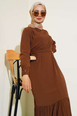 Etek Ucu Dantelli Elbise Kahve - Tesettür Elbise