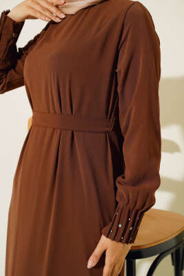 Etek Ucu Dantelli Elbise Kahve - Tesettür Elbise