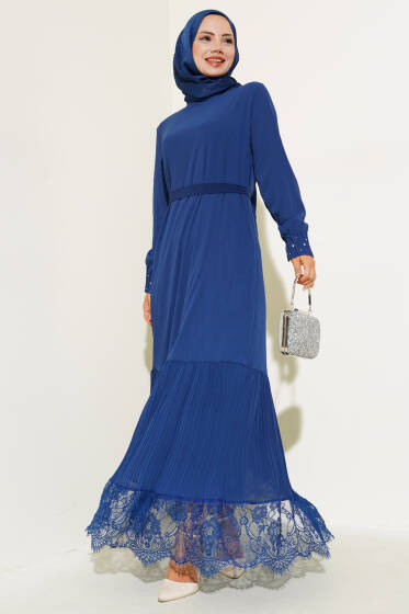 Etek Ucu Dantelli Elbise Lacivert - Elbise