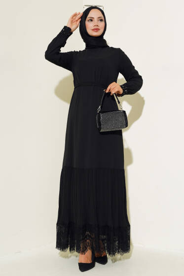 Etek Ucu Dantelli Elbise Siyah - Elbise
