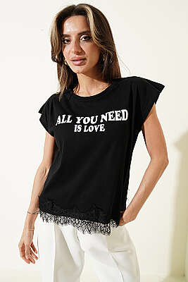 Etek Ucu Dantelli Kolsuz T-shirt Siyah - Kadın Giyim Modelleri