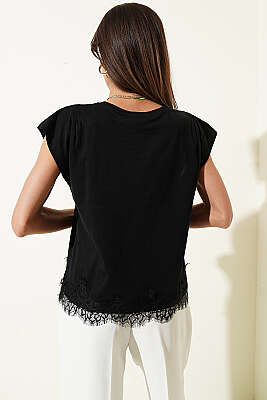 Etek Ucu Dantelli Kolsuz T-shirt Siyah - Kadın Giyim Modelleri