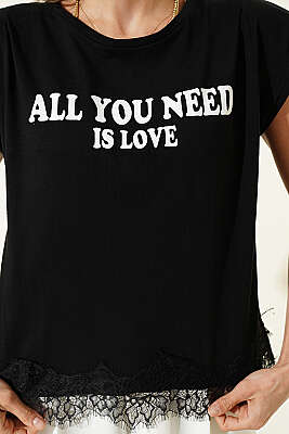 Etek Ucu Dantelli Kolsuz T-shirt Siyah - Kadın Giyim Modelleri